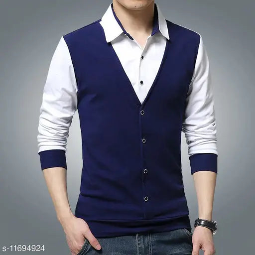 Navy blue colorblocked cotton polo neck t-shirt for men, long sleeves, made in India