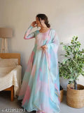 Multicolor printed georgette anarkali gown with dupatta in blue, silk blend inner and georgette bottom fabric