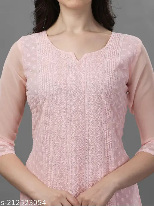 Embroidered Georgette petite kurti, three-quarter sleeves, Indian Chikan embroidery on display