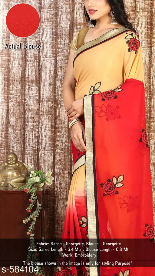Red and cream embroidered georgette saree with beige running blouse for party, wedding, or festival wear, 5.5M length, free size, made in India