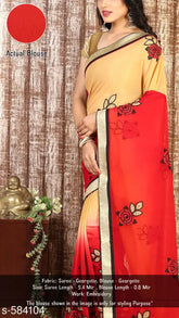 Red and cream embroidered georgette saree with beige running blouse for party, wedding, or festival wear, 5.5M length, free size, made in India