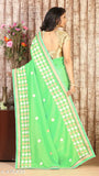 Green chiffon saree with embroidered pattern, featuring a running blouse in green chiffon fabric. Ideal for parties, weddings, and festivals. Length: 5.5m, blouse length: 0.8m. Origin: India