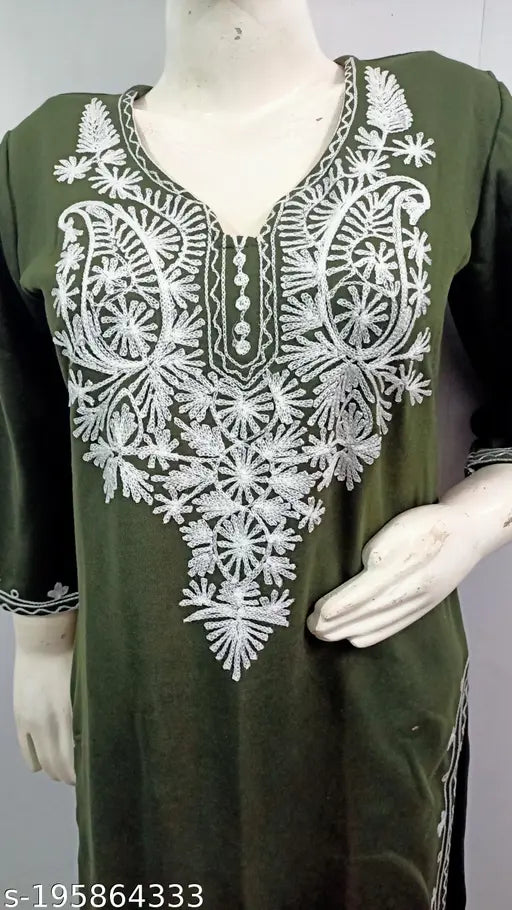 Olive green embroidered wool kurti for women, three-quarter sleeves, Indian origin - ideal for day wear, weddings, office, casual or evening