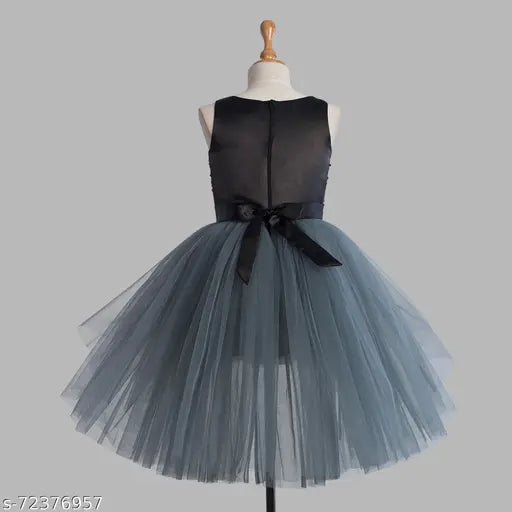 Grey sequin embellished hi-low dress for kids party wear, made of net fabric from India