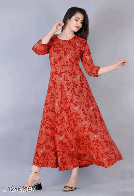 Red rayon anarkali kurti for women, printed three-quarter sleeve combo. L size, bust 40in, length 41in, Indian fashion attire