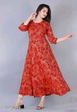 Red rayon anarkali kurti for women, printed three-quarter sleeve combo. L size, bust 40in, length 41in, Indian fashion attire