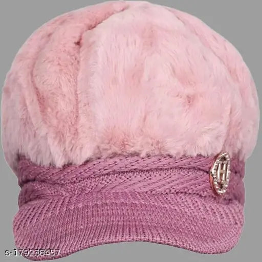 Woolen beanie cap/hat with fur inside and visor, women's fashionable choice for cold winters in natural colors