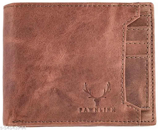 Brown genuine leather men's wallet, solid pattern, 2 compartments, 7 card slots, transparent window, 2 secret pockets, coin pocket, India origin