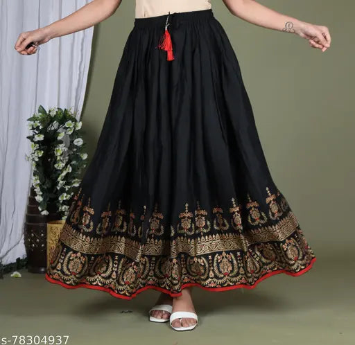 Gold printed rayon skirt, free size, Indian-made fashion skirt with intricate patterns