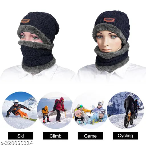 Woolen beanie cap with neck warmer & fur gloves, warm & cozy winter set for outdoors