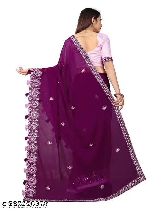 Georgette embroidered sari with frill and tassel, Indian design perfect for all occasions, free size, 5.3m length