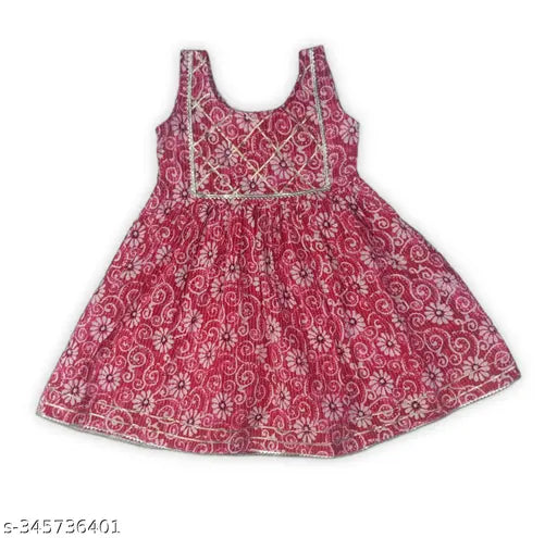 Red cotton kurti set with sharara for girls, aged 3 to 10 years, featuring Sanganeri Block Print design