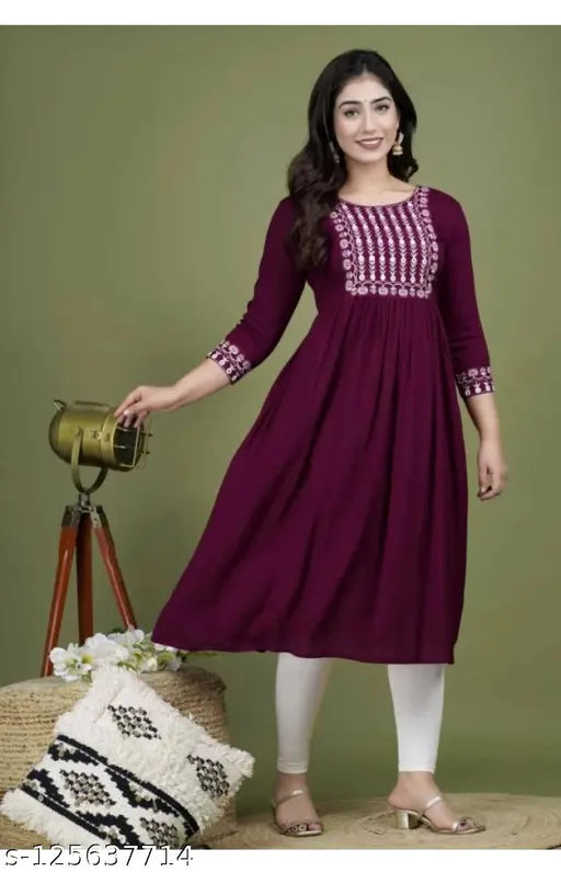 Maroon Rayon Anarkali Kurta, traditional-meets-contemporary women's garment with three-quarter sleeves