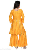 Vibrant yellow embroidered Anarkali Kurti Set with Sharara, Rayon fabric, three-quarter sleeves. Perfect for festive occasions. Indian ethnic wear
