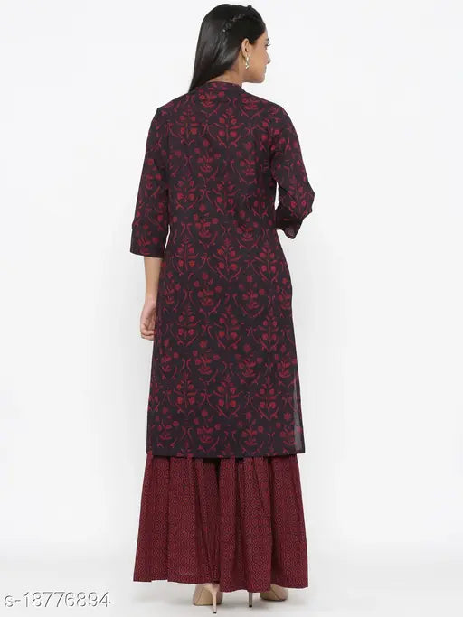 Maroon cotton Jaipuri floral print Kurta Sharara set for festive party casual wear. Three-quarter sleeve design, printed net pattern, and single size available