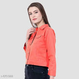Denim peach solid jacket, long sleeve, size S (bust 28in, length 19in), made in India