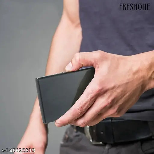 Stainless steel men's wallet with anti-RFID, sleek design, holds 7 cards & 3 folded bills, India origin