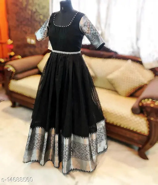 Engrossing black Georgette Jacquard gown with short sleeves, Zari woven net pattern. Indian designer partywear on mannequin