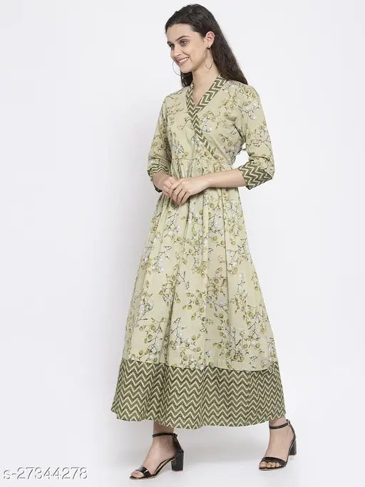 Pista Green Floral Print A-Line Cotton Kurta, long sleeves, self-design, ankle length, Indibelle brand
