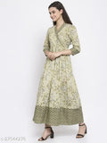 Pista Green Floral Print A-Line Cotton Kurta, long sleeves, self-design, ankle length, Indibelle brand