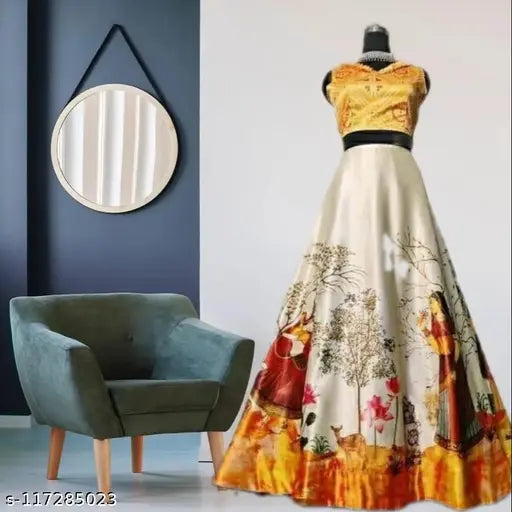 Panihari Silk Blend Lehengha Choli, vibrant printed scenic design, sleeveless, 9-12M size, Indian handcrafted kidswear