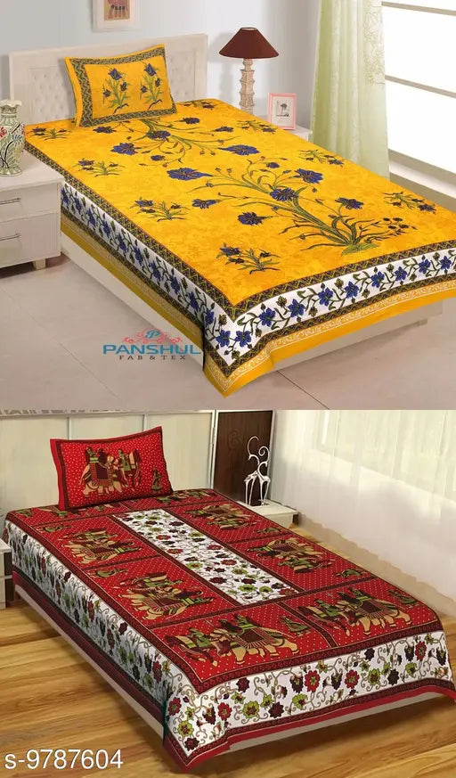 Cotton Jaipuri printed single bed sheet & pillow cover pack of 2, featuring vibrant Indian designs, 144 thread count
