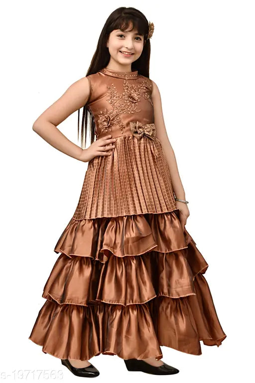 Brown silk blend sleeveless embroidered net dress for girls, pack of 1 - size 3-4 years, 4-5 years, 5-6 years, 6-7 years, 7-8 years. Handcrafted Indian silk frock on display stand
