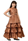 Brown silk blend sleeveless embroidered net dress for girls, pack of 1 - size 3-4 years, 4-5 years, 5-6 years, 6-7 years, 7-8 years. Handcrafted Indian silk frock on display stand