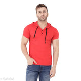 Red cotton blend long sleeve round t-shirt, solid pattern on display
