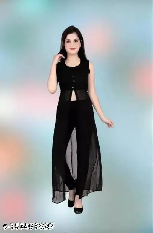 Sleeveless Georgette Western Kurti for Women, long round neck, straight front slit design, regular fit, available in S-XXL sizes