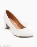 White synthetic leather slip-on pumps (IND-4 to IND-8), FQ Block Heels on a neutral background