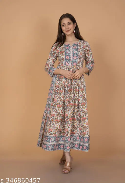 Rayon three-quarter sleeve printed Nyra cut kurti, vibrant Indian fashion on model
