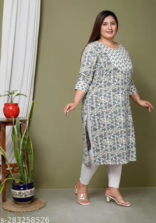 Printed floral print plus size pure cotton straight kurta (cream), three-quarter sleeves for women, India origin