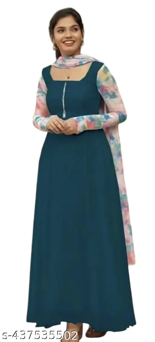 Pastel-shaded Georgette rama gown1 with long sleeves, complementing printed dupatta and kurti set, India origin