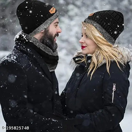 Arcylic fleece-lined unisex beanie hat & scarf set - Perfect winter accessory for skiing or cold climates, one size fits all (India)