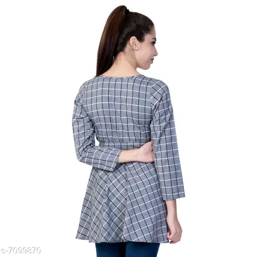 Women's checked grey cotton top, three-quarter sleeves, check pattern, size M, India origin