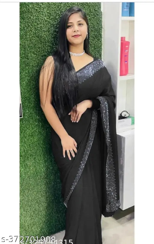 Georgette saree with Bangalori silk blouse, solid pattern, single piece, adorned with Hot Fix Swarovski diamonds, party wear & festive attire