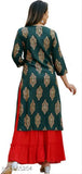 Green rayon printed kurta with red sharara set, three-quarter sleeves, pom-2 detail - Indian fashion on model