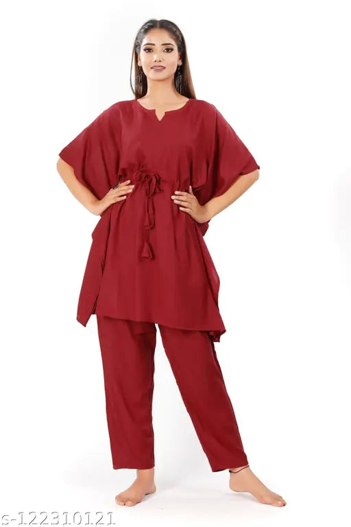 Beige rayon kaftan nightsuit, comfortable & longlasting fabric, suitable for formal or casual occasions