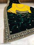 Velvet embroidered Indian wedding saree with separate dupion silk blouse for parties and events, free size (5.5m, 0.8m)