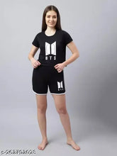 Black cotton blend BTS Night Suit set with short sleeve t-shirt and shorts featuring printed net design. Available in sizes XS to XL. Made in India