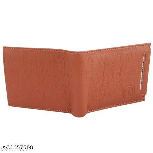 Brown faux leather two-fold men's wallet, solid design with 3 card slots, 2 secret compartments, and currency pockets. Made in high-quality PU leather, handcrafted in India