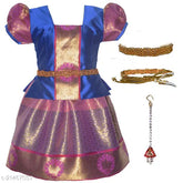 Cotton silk kids' lehenga-choli set with short sleeves, block stitch pattern, net dupatta, and printed design. Traditional Indian girls' wear in various sizes from 6-8 years old