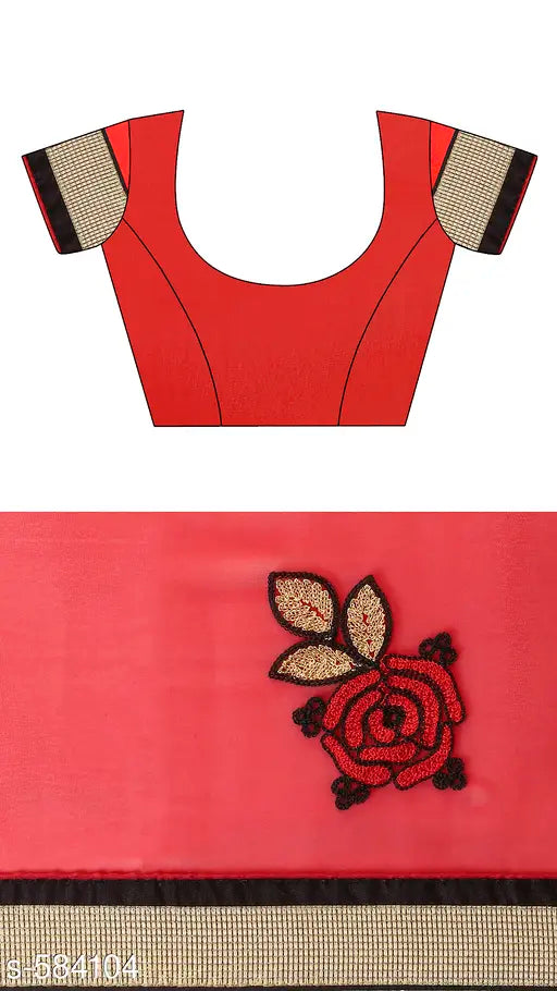 Red and cream embroidered Georgette saree with beige running blouse, ideal for party, wedding, or festival wear