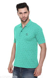 Mintgreen cotton blend polo neck t-shirt for men, printed design on short sleeves