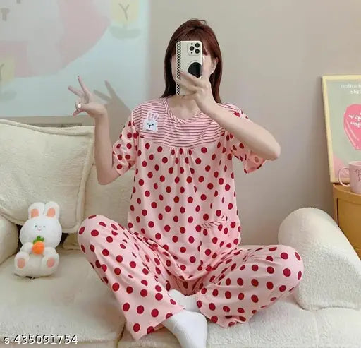 Polka dotted cotton blend nightshirt with short sleeves, comfortable and stylish for sleepwear