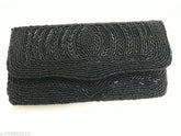 Black fabric embellished net party clutch, 2 compartments, free size (L7in x W4in), Indian designer accessory