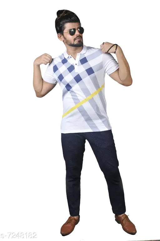 Thalasi men's checkered polo t-shirt, lycra short sleeves, printed net pattern (size S - chest size: 19 in, length size: 28 in), Indian origin