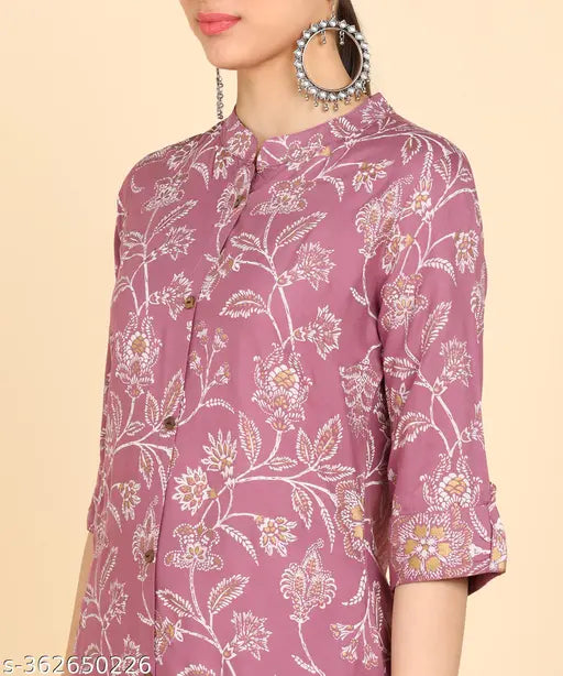 Women's rayon floral print kurta pant set, three-quarter sleeves, printed net bottomwear on display rack, S-XXL sizes available