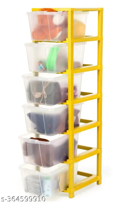 Transparent yellow plastic drawer organizer for home, office, school, hospital, parlour, kitchen, bedroom, bathroom (6xl). On a table with various drawers